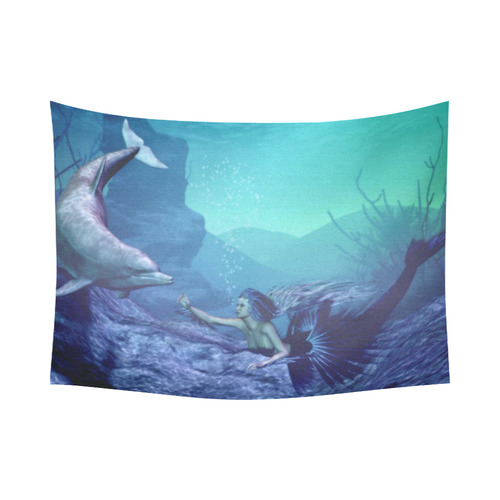 mermaid and dolphin Cotton Linen Wall Tapestry 80"x 60"