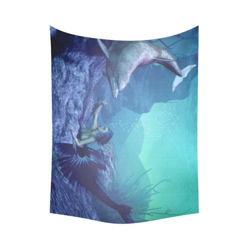 mermaid and dolphin Cotton Linen Wall Tapestry 80"x 60"