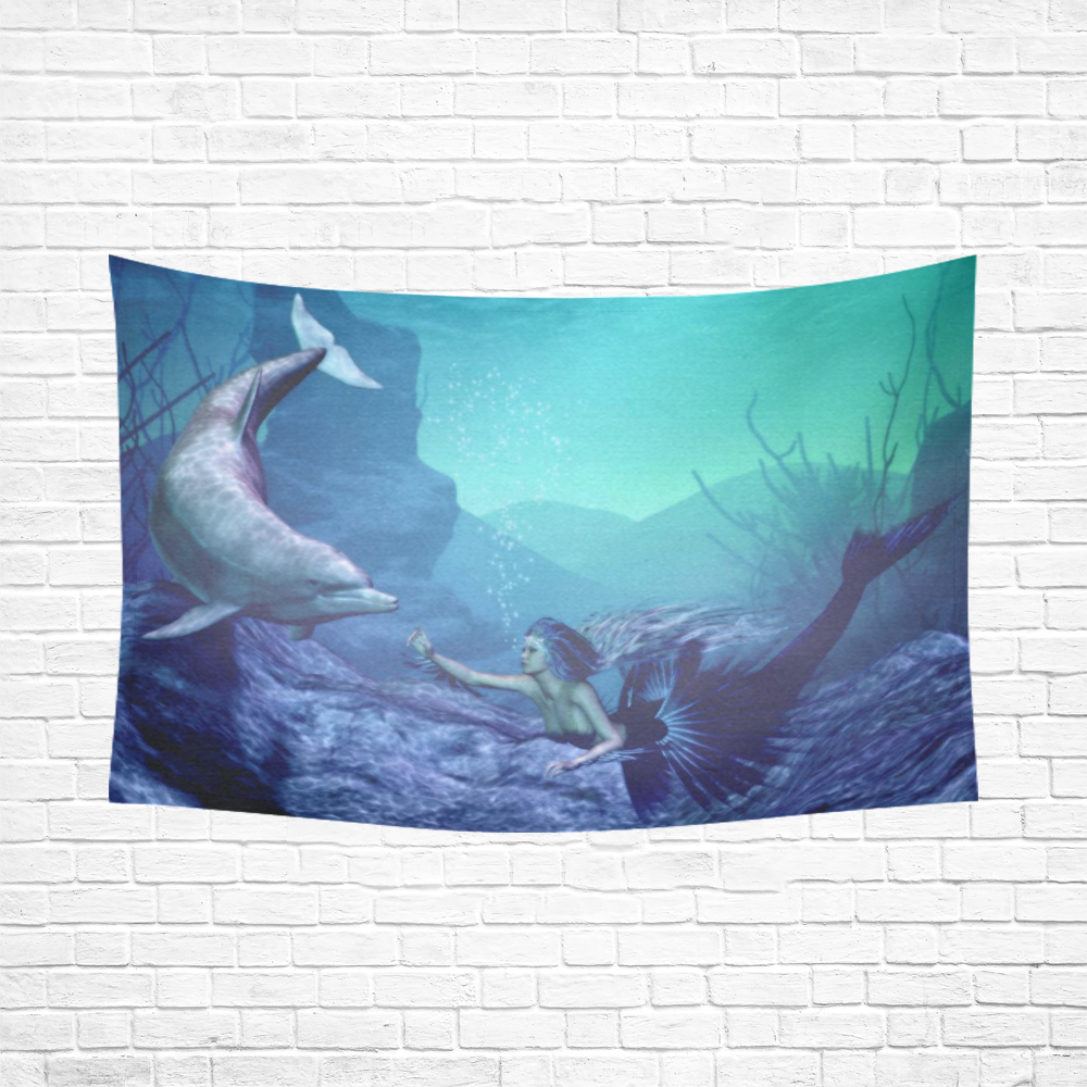 mermaid and dolphin Cotton Linen Wall Tapestry 90"x 60"