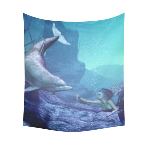 mermaid and dolphin Cotton Linen Wall Tapestry 51"x 60"