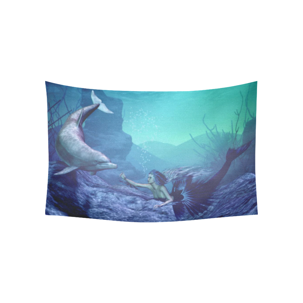 mermaid and dolphin Cotton Linen Wall Tapestry 60"x 40"