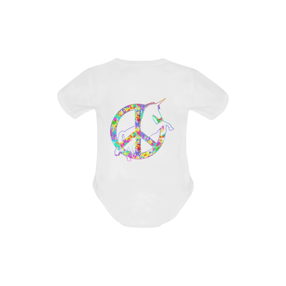 White UNICORN in a multicolored Splatter PEACE Baby Powder Organic Short Sleeve One Piece (Model T28)