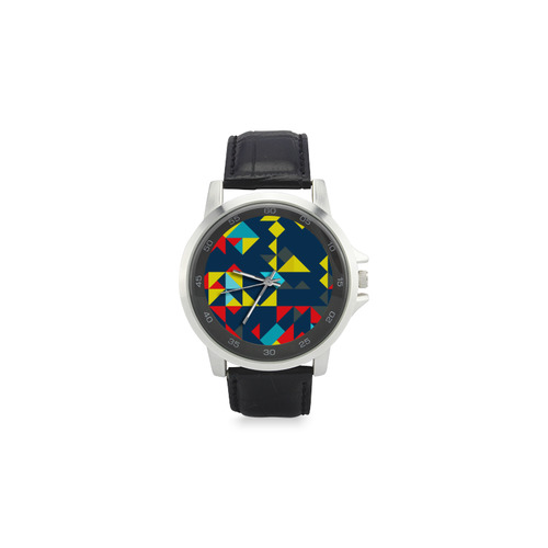 Shapes on a blue background Unisex Stainless Steel Leather Strap Watch(Model 202)