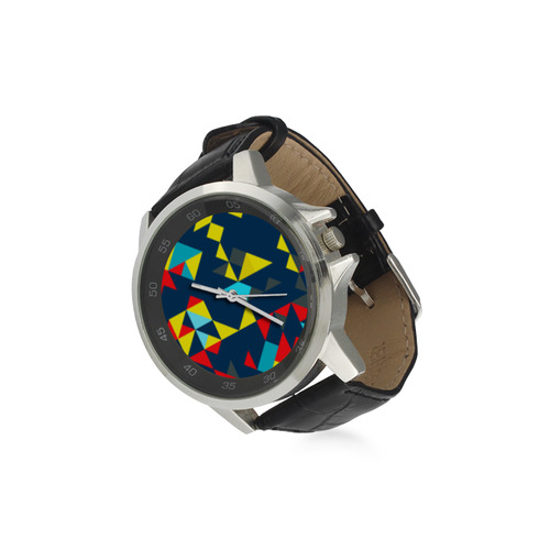Shapes on a blue background Unisex Stainless Steel Leather Strap Watch(Model 202)