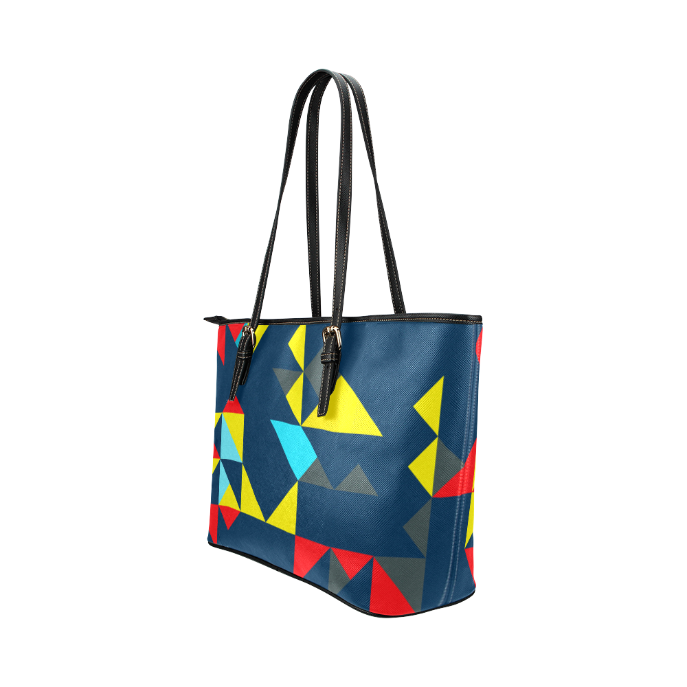 Shapes on a blue background Leather Tote Bag/Large (Model 1651)