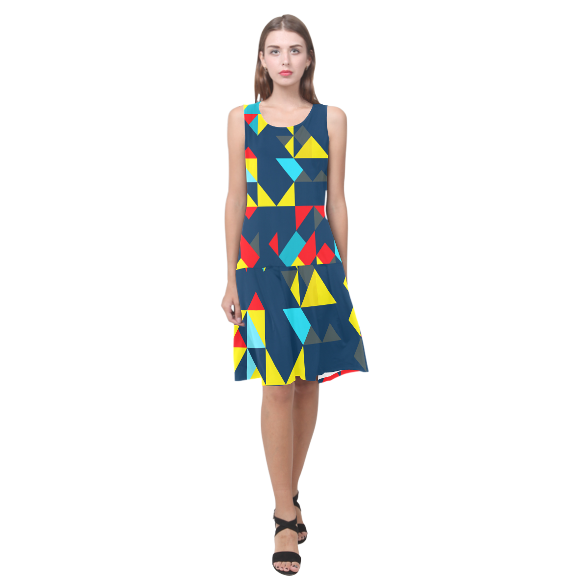 Shapes on a blue background Sleeveless Splicing Shift Dress(Model D17)
