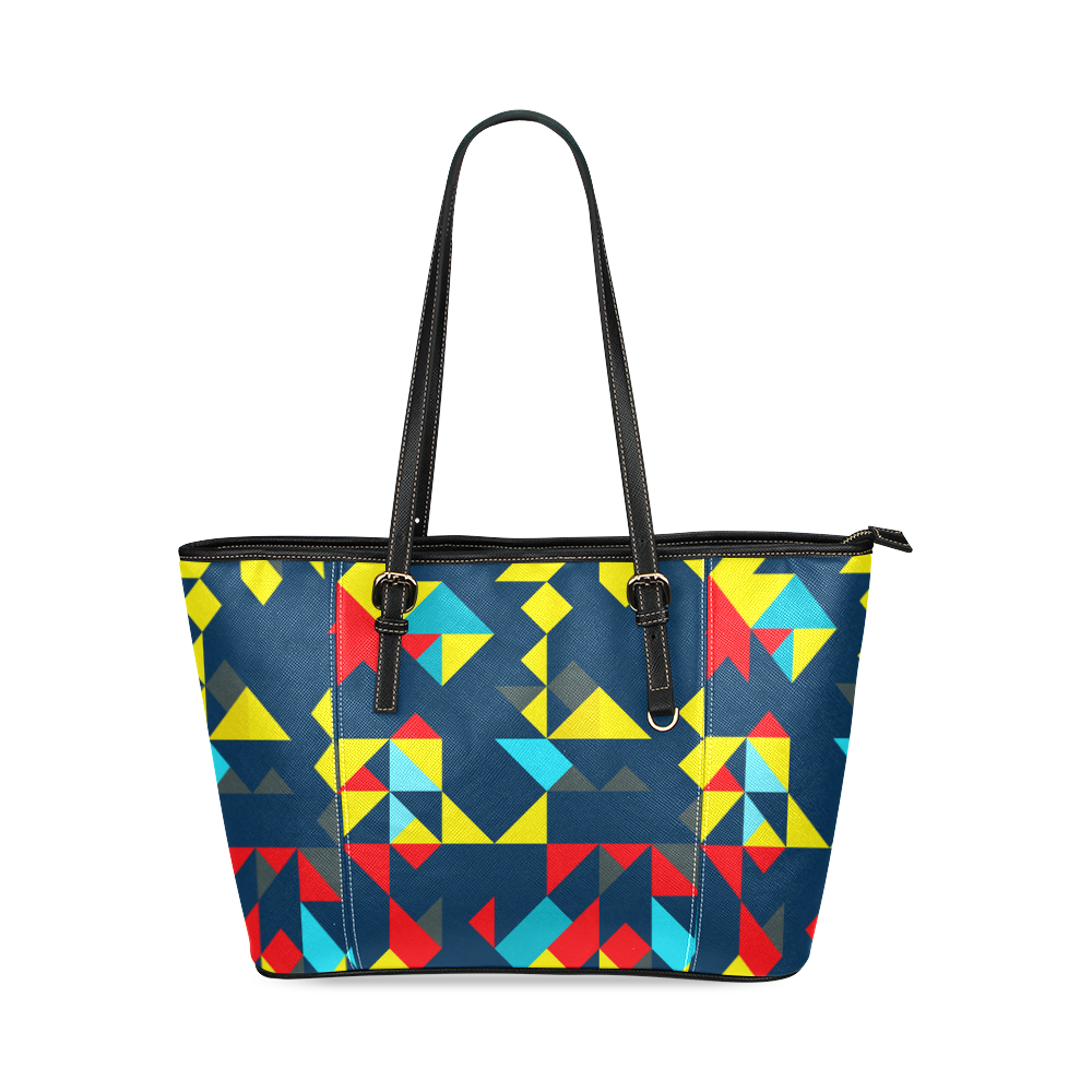 Shapes on a blue background Leather Tote Bag/Large (Model 1640)