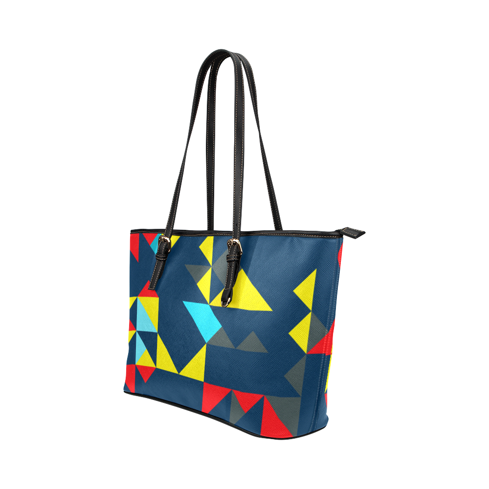 Shapes on a blue background Leather Tote Bag/Large (Model 1651)