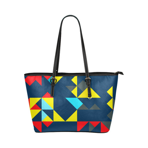 Shapes on a blue background Leather Tote Bag/Large (Model 1651)