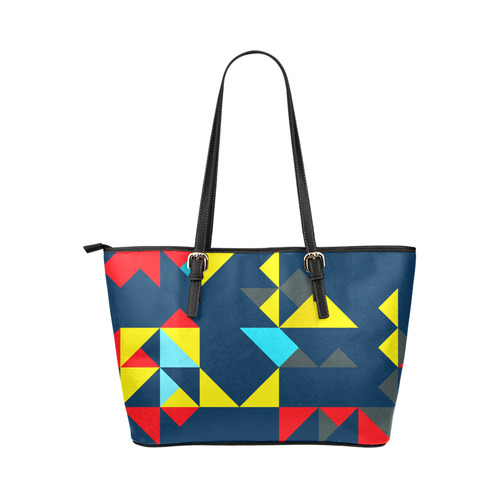 Shapes on a blue background Leather Tote Bag/Large (Model 1651)