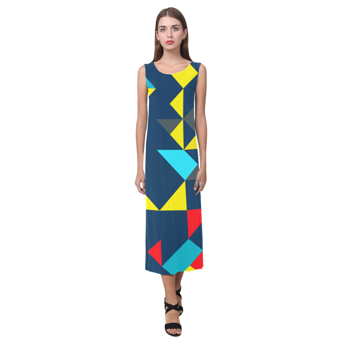 Shapes on a blue background Phaedra Sleeveless Open Fork Long Dress (Model D08)