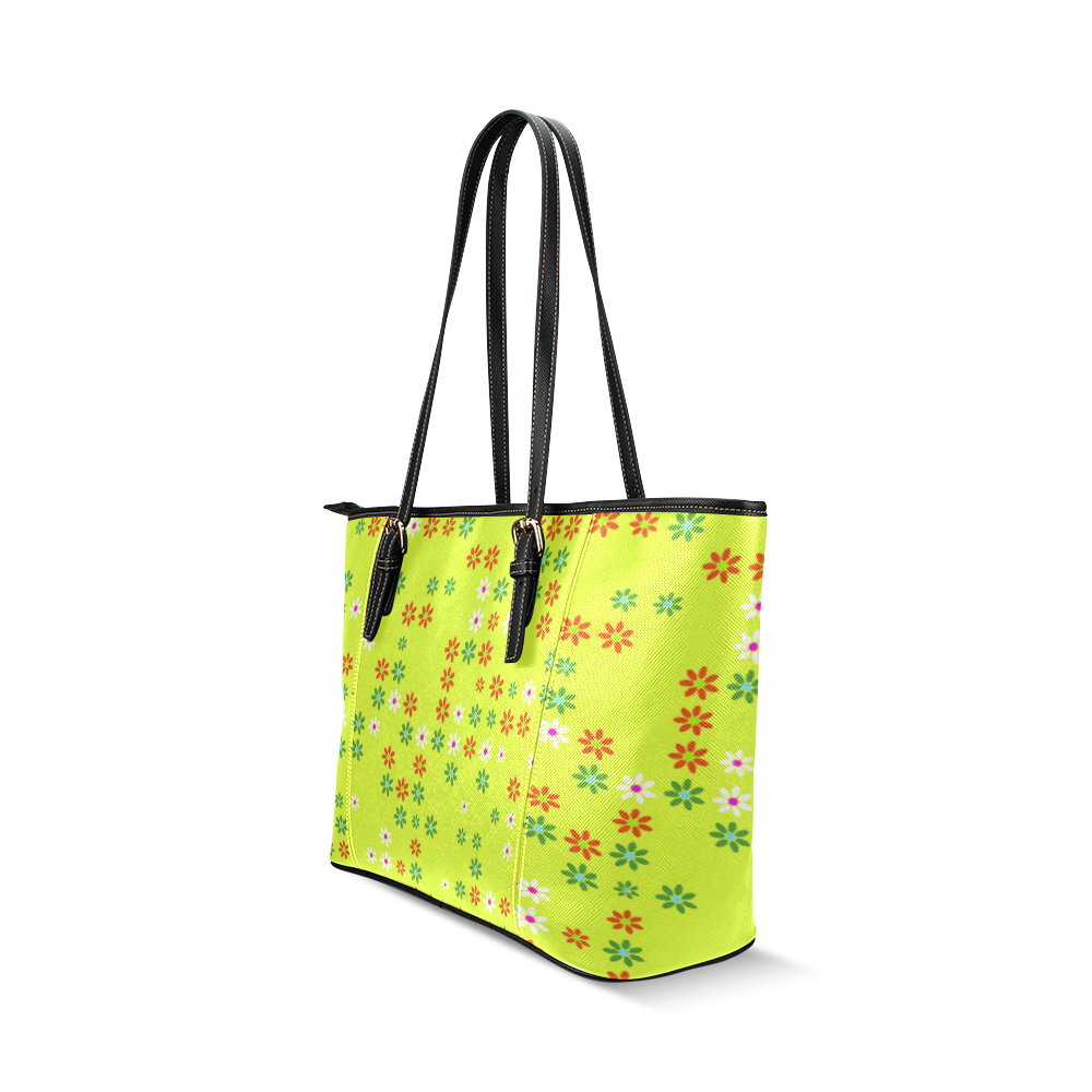 Floral Fabric 2C Leather Tote Bag/Small (Model 1640)