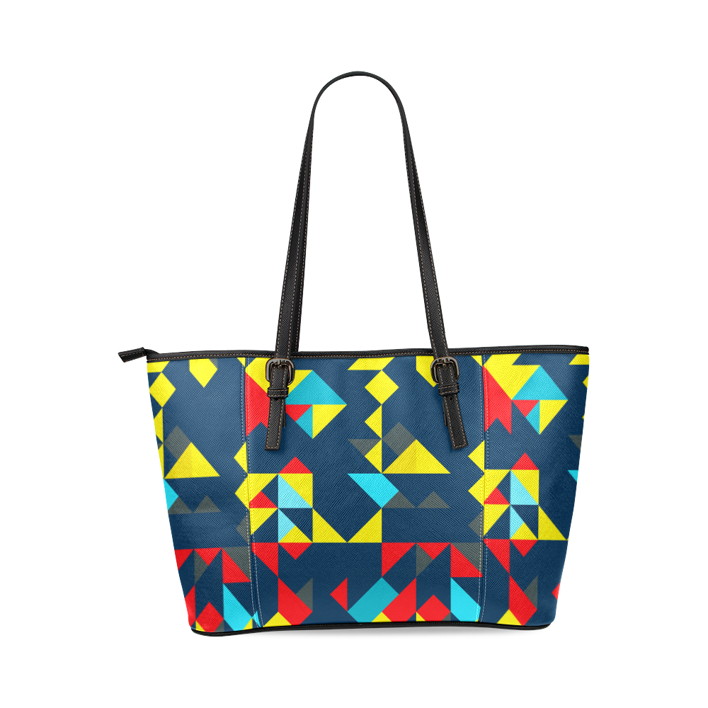Shapes on a blue background Leather Tote Bag/Large (Model 1640)