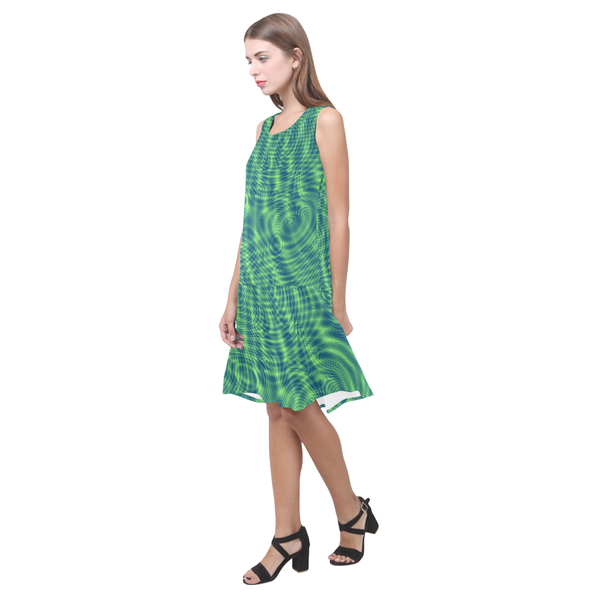abstract moire green Sleeveless Splicing Shift Dress(Model D17)