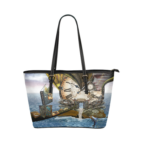 steampunk dragon ocean library Leather Tote Bag/Small (Model 1651)