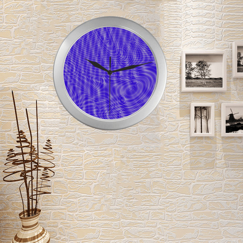 abstract moire blue Silver Color Wall Clock