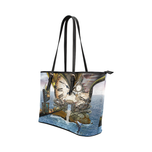 steampunk dragon ocean library Leather Tote Bag/Small (Model 1651)