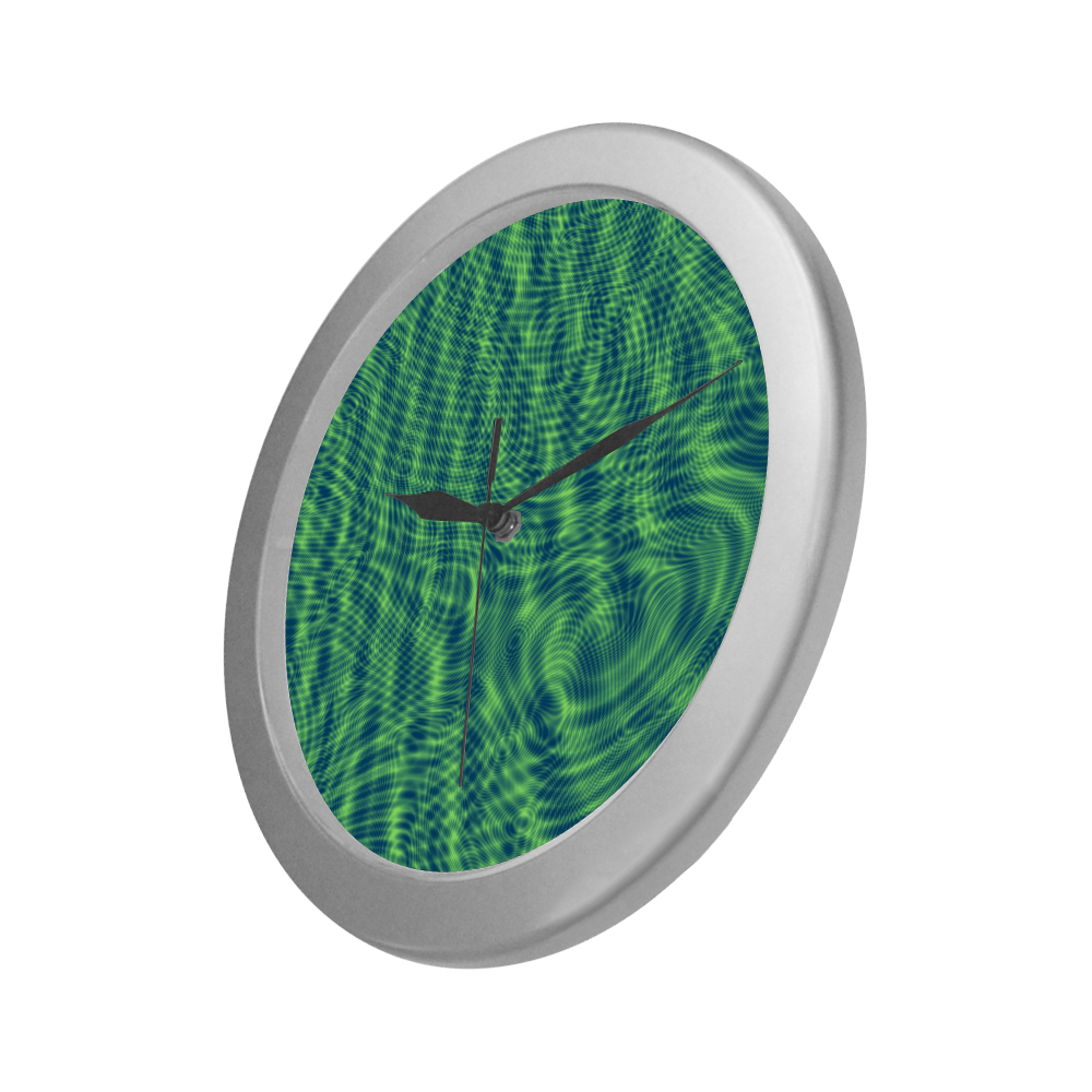 abstract moire green Silver Color Wall Clock