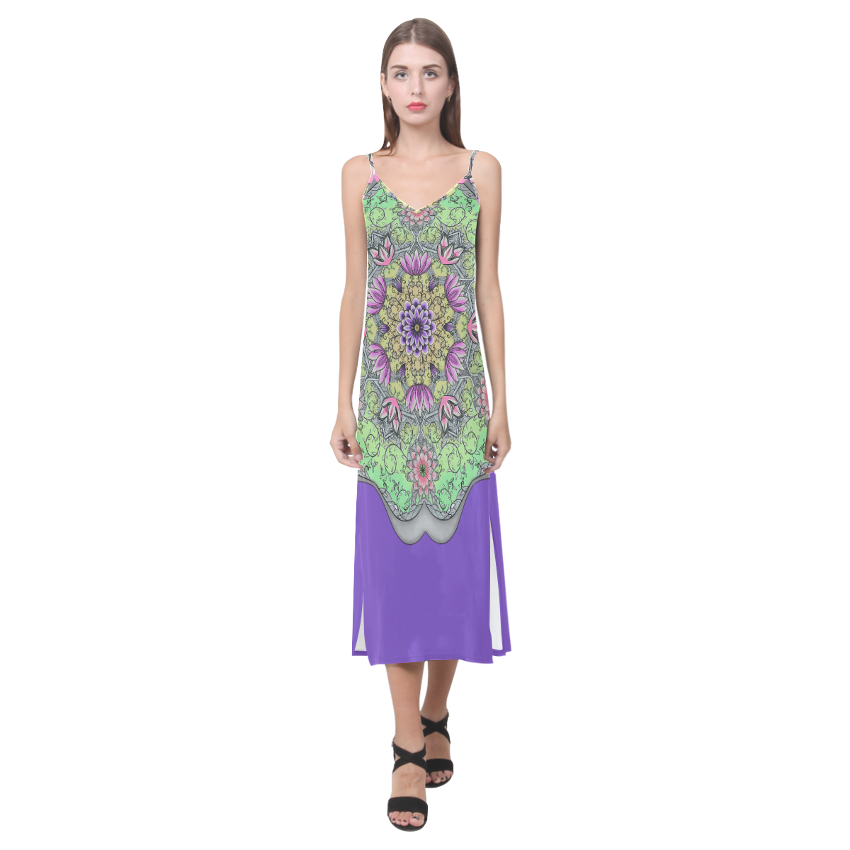 Serenity Garden v2 Violet V-Neck Open Fork Long Dress(Model D18)