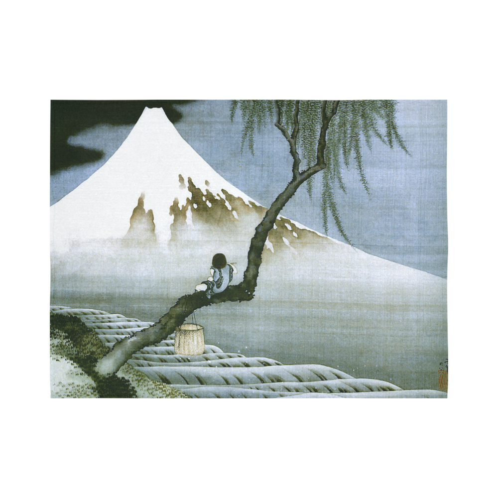 Hokusai Boy Mt Fuji Vintage Japanese Cotton Linen Wall Tapestry 80"x 60"