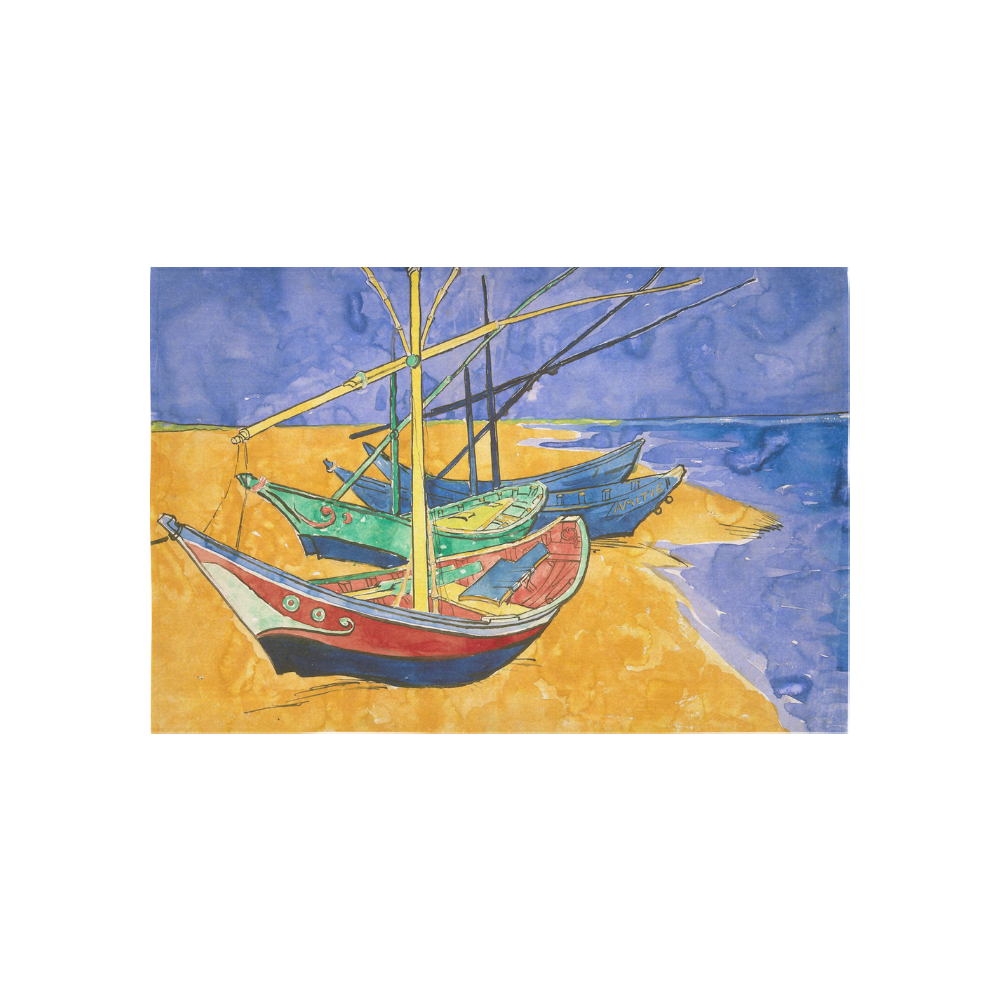 Van Gogh Fishing Boats Beach Watercolor Cotton Linen Wall Tapestry 60"x 40"