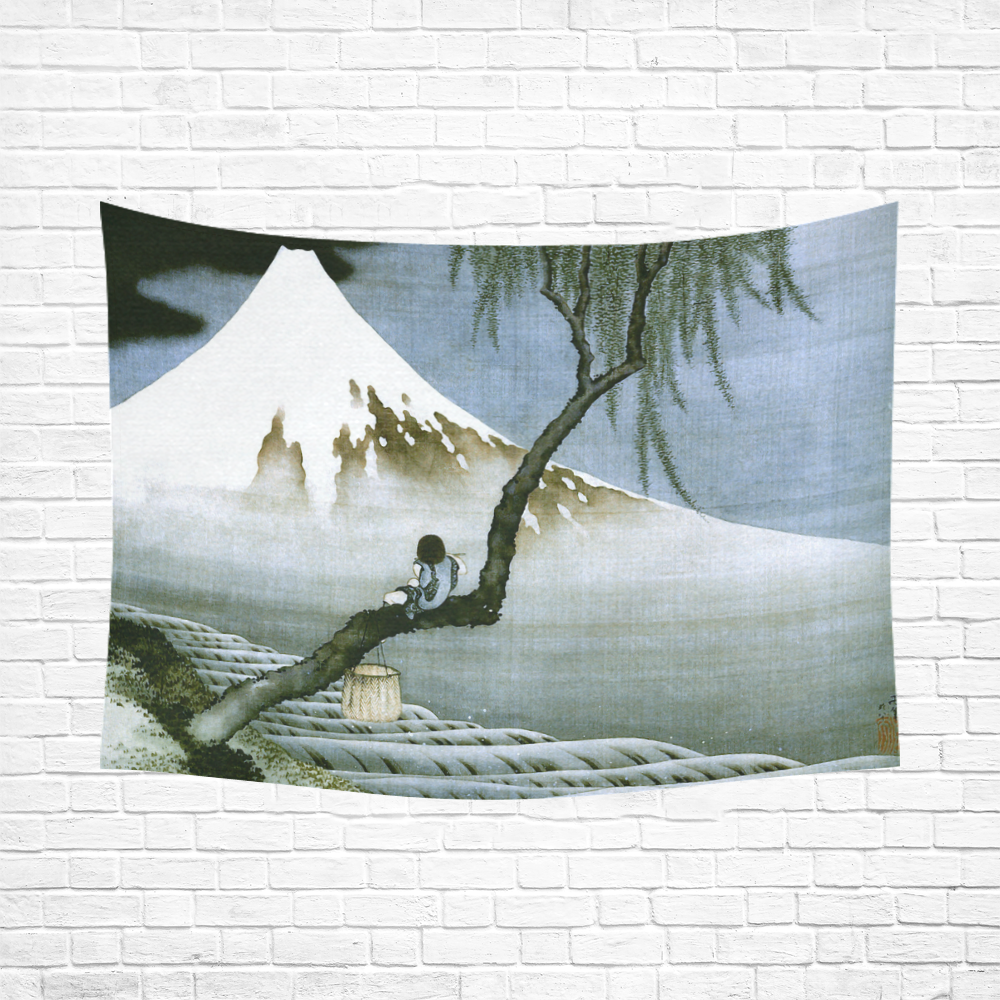 Hokusai Boy Mt Fuji Vintage Japanese Cotton Linen Wall Tapestry 80"x 60"