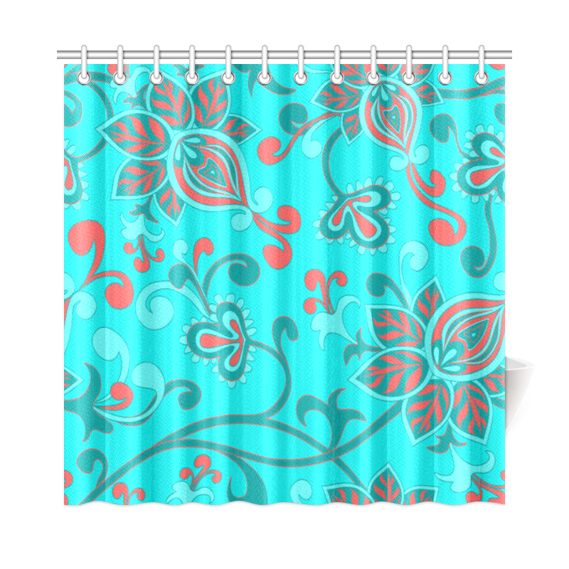Red Teal Aqua Beautiful Floral Indian Shower Curtain 72