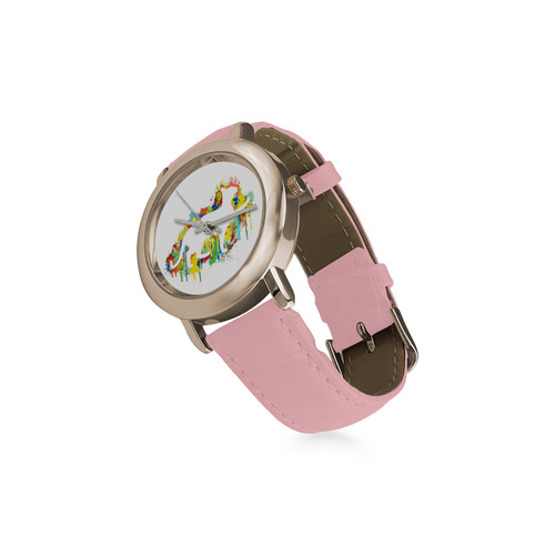Lovely Cat Colorful Painting Splash Women's Rose Gold Leather Strap Watch(Model 201)