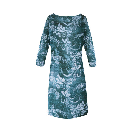 Grunge vintage floral pattern in dark icy blue Round Collar Dress (D22)