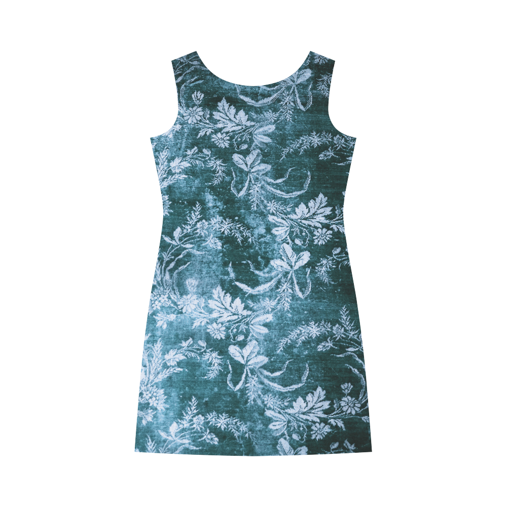 Grunge vintage floral pattern in dark icy blue Round Collar Dress (D22)