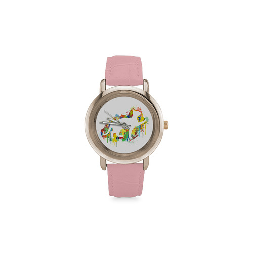 Lovely Cat Colorful Painting Splash Women's Rose Gold Leather Strap Watch(Model 201)