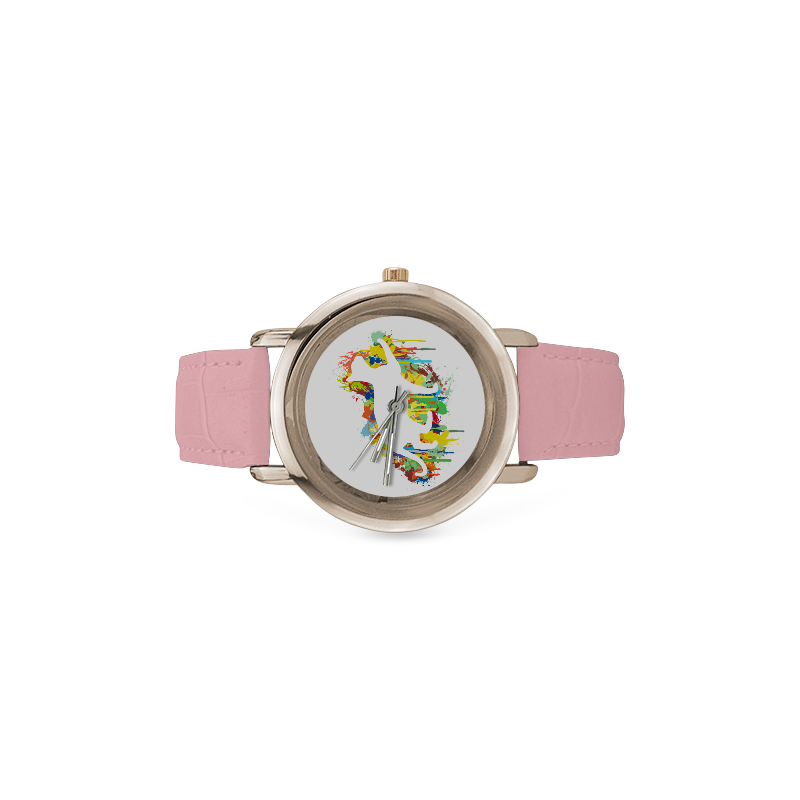 Lovely Cat Colorful Painting Splash Women's Rose Gold Leather Strap Watch(Model 201)