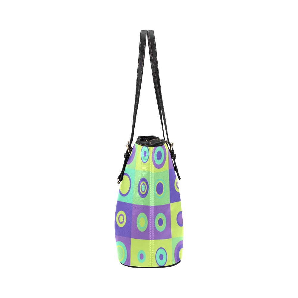 Green and Purple Chequered Buttons Leather Tote Bag/Large (Model 1651)