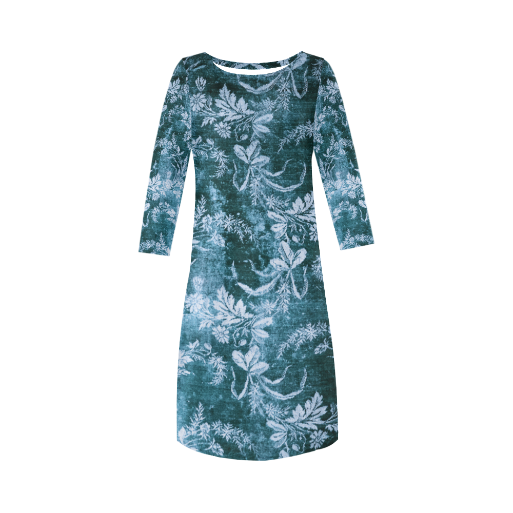 Grunge vintage floral pattern in dark icy blue Round Collar Dress (D22)