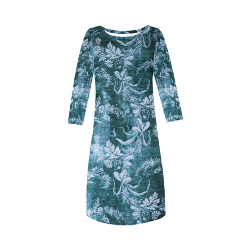 Grunge vintage floral pattern in dark icy blue Round Collar Dress (D22)