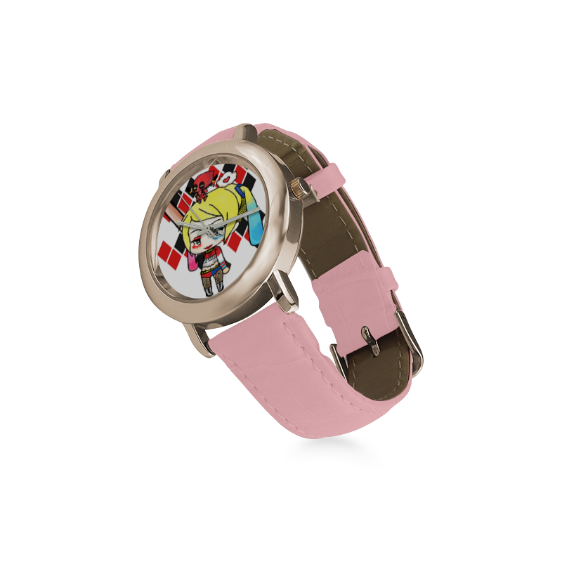 Harley Quinn and deadpool Women's Rose Gold Leather Strap Watch(Model 201)
