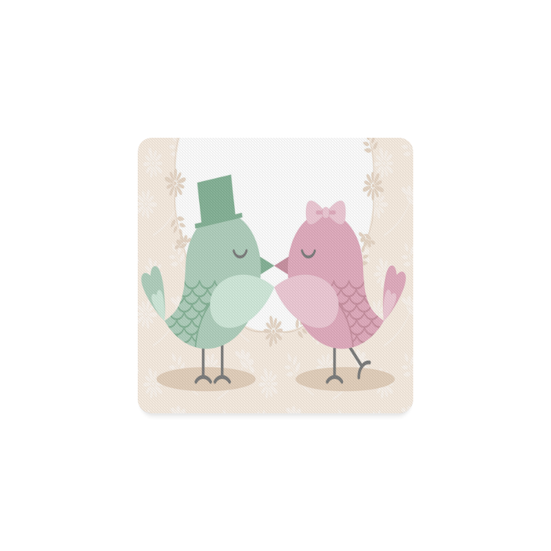 Cute Pink Green Love Birds Square Coaster