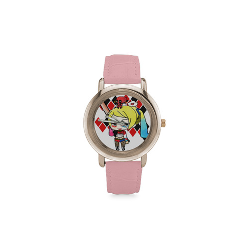 Harley Quinn and deadpool Women's Rose Gold Leather Strap Watch(Model 201)