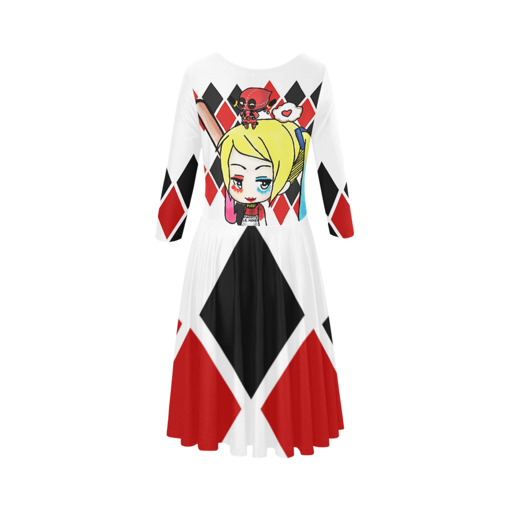 harley quinn and deadpool Elbow Sleeve Ice Skater Dress (D20)