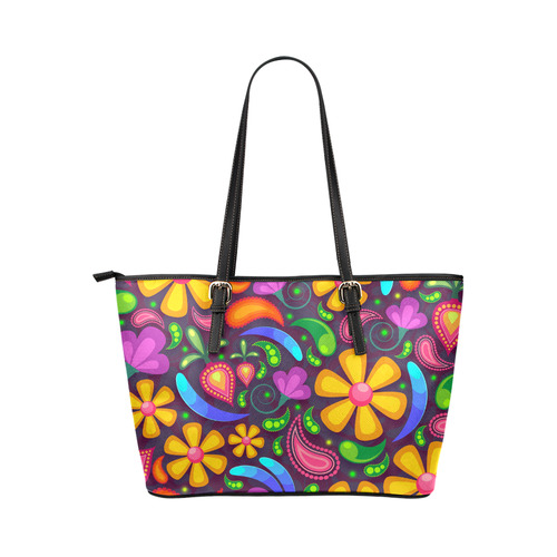 Funny Colorful Flowers Leather Tote Bag/Small (Model 1651)