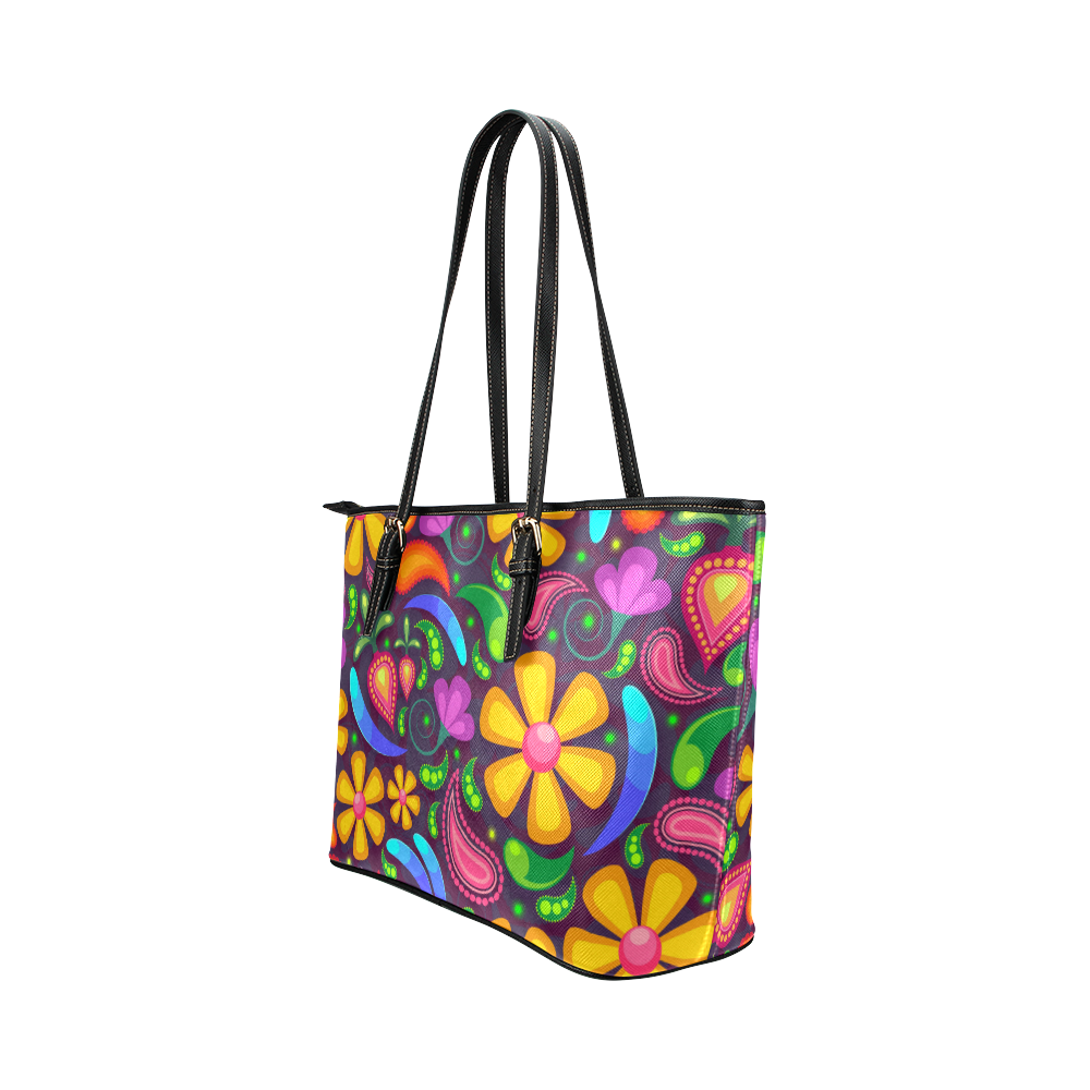 Funny Colorful Flowers Leather Tote Bag/Large (Model 1651)