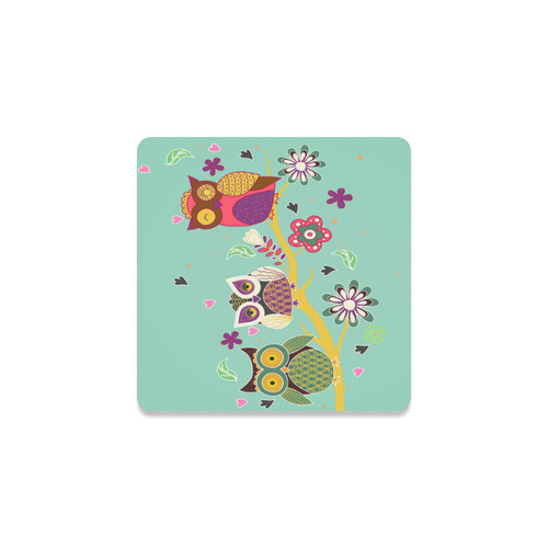 Three Cute Owls Tree Floral Heart Flower Square Coaster
