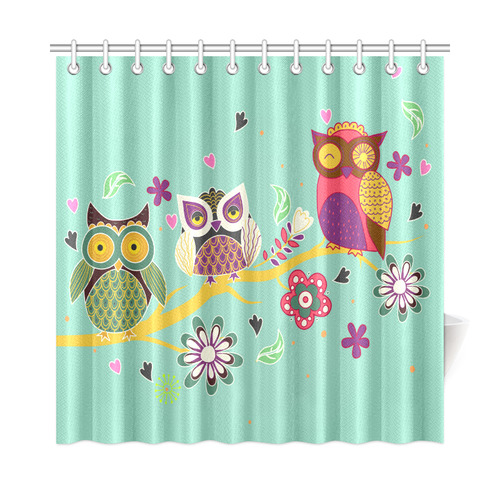 Three Cute Owls Tree Floral Heart Flower Shower Curtain 72"x72"