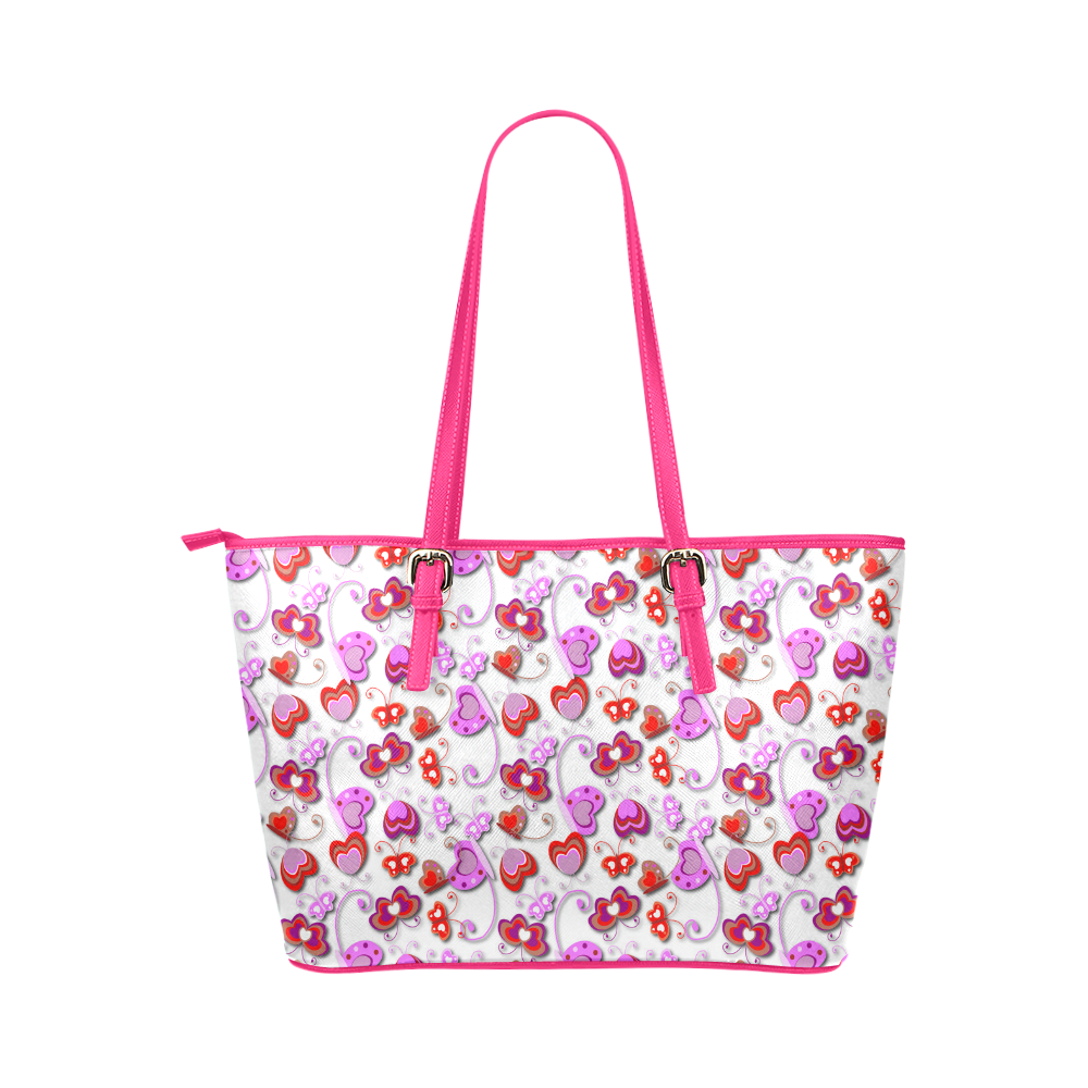 Butterfly Hearts Cute Pink Red Floral Leather Tote Bag/Large (Model 1651)