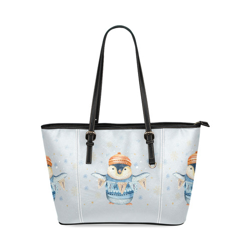 cute penguin, christmas Leather Tote Bag/Large (Model 1640)