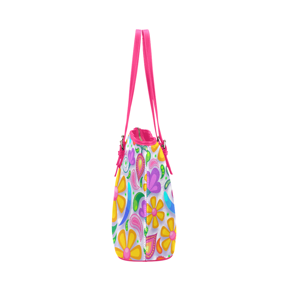 Funny Colorful Flowers Leather Tote Bag/Large (Model 1651)