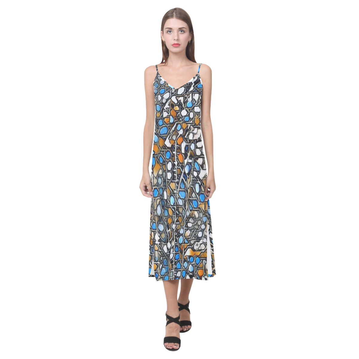 abstract mosaic A V-Neck Open Fork Long Dress(Model D18)