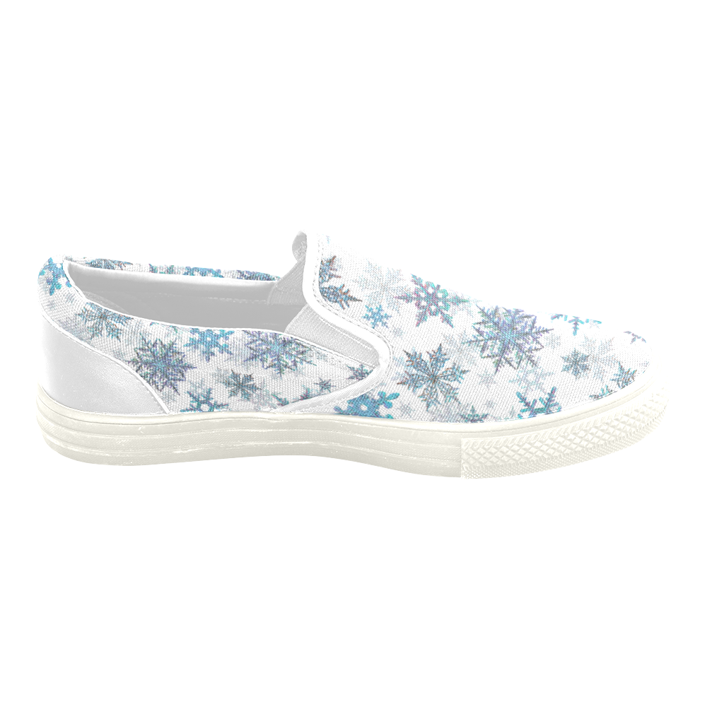 Snowflakes, Blue snow, stitched Women's Unusual Slip-on Canvas Shoes (Model 019)