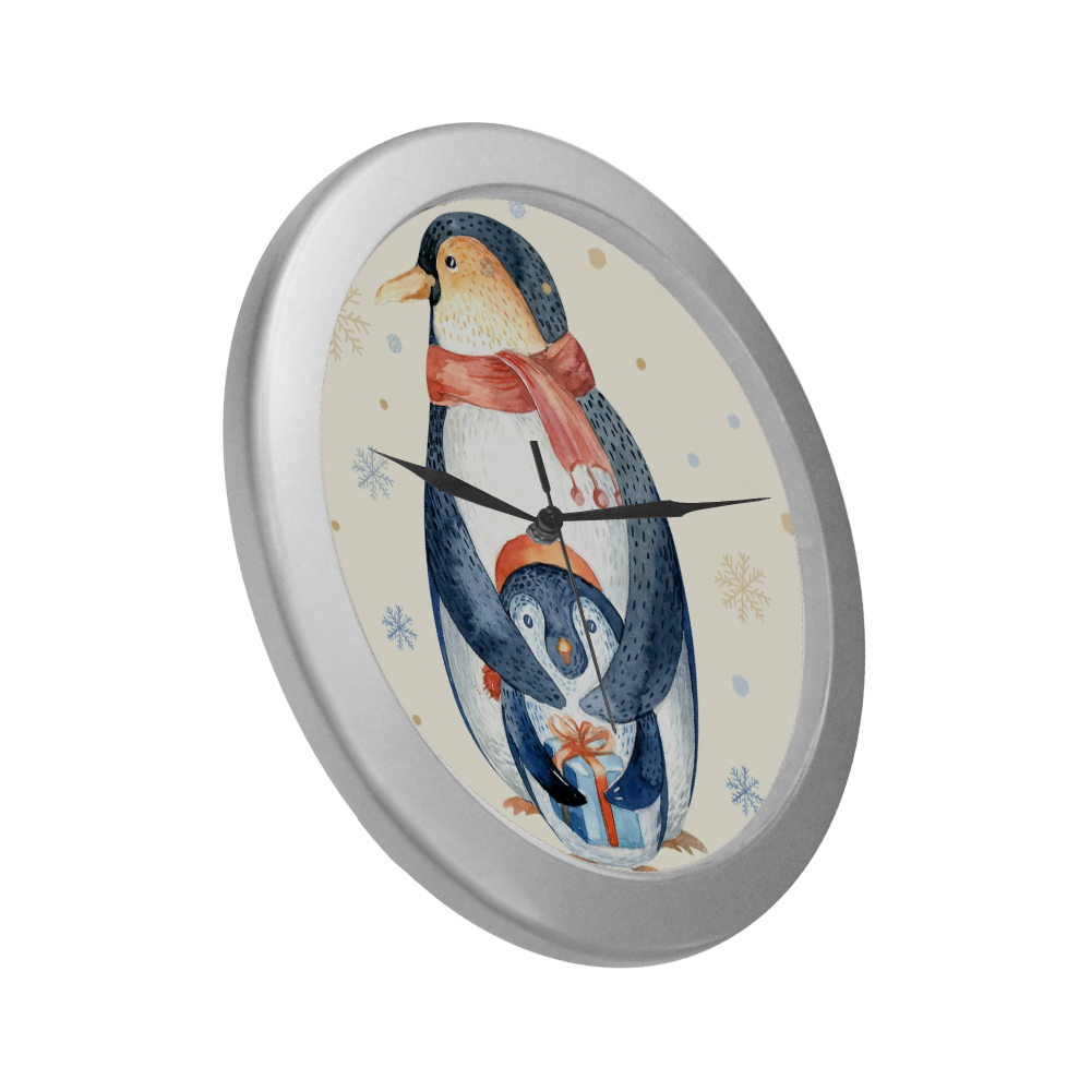 cute penguin, christmas Silver Color Wall Clock
