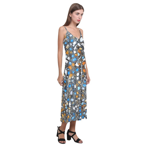 abstract mosaic A V-Neck Open Fork Long Dress(Model D18)